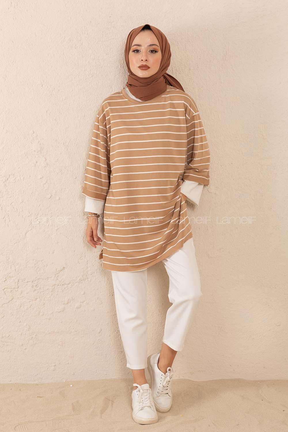 Modalamelif Bisiklet Yaka Çizgili Salaş T-Shirt Sütlü Kahve