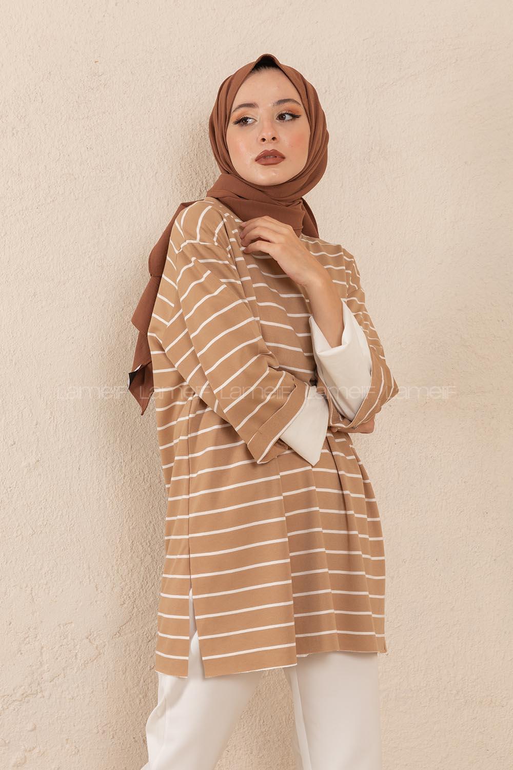 Modalamelif Bisiklet Yaka Çizgili Salaş T-Shirt Sütlü Kahve