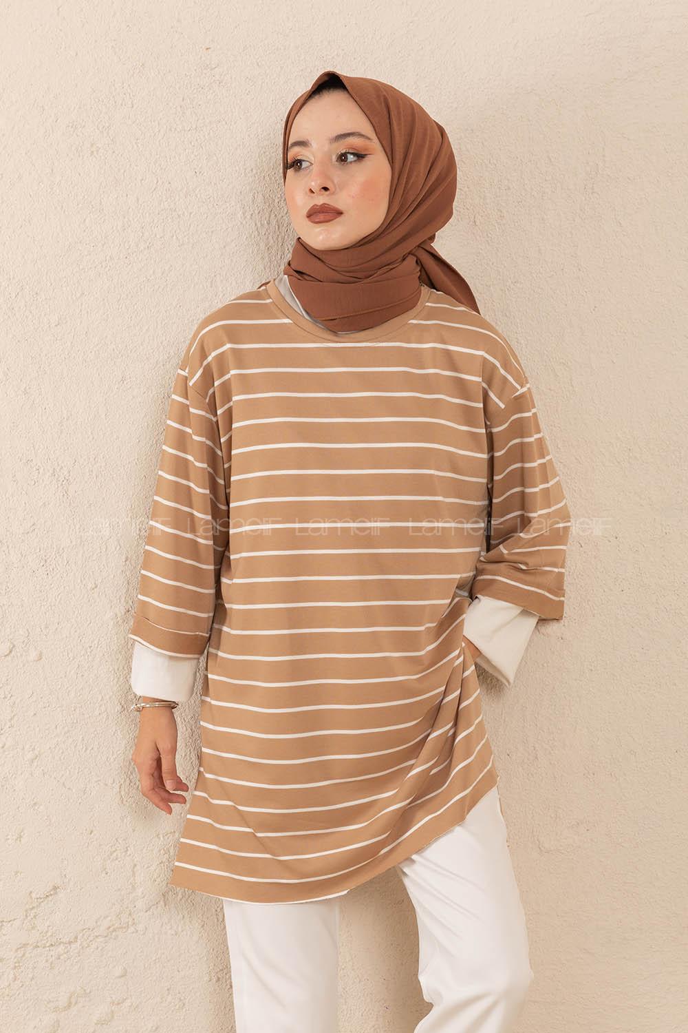 Modalamelif Bisiklet Yaka Çizgili Salaş T-Shirt Sütlü Kahve