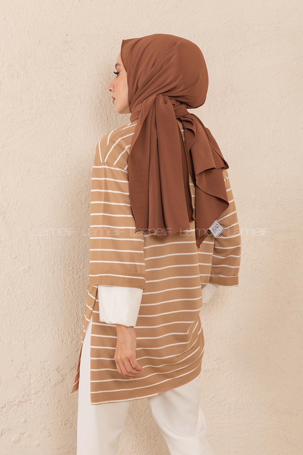 Modalamelif Bisiklet Yaka Çizgili Salaş T-Shirt Sütlü Kahve