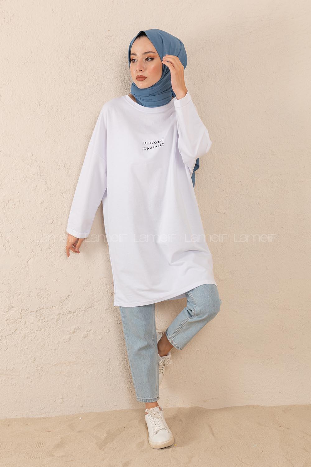 Modalamelif Detoxıng Dıgıtaly  Baskılı Tunik Beyaz