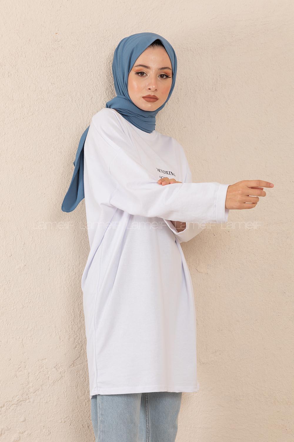 Modalamelif Detoxıng Dıgıtaly  Baskılı Tunik Beyaz
