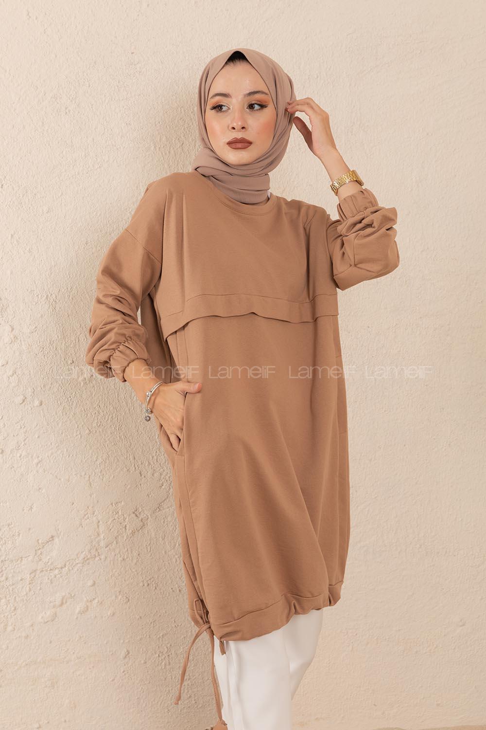 Modalamelif Eteği Bağlamalı Salaş Tunik Sütlü Kahve