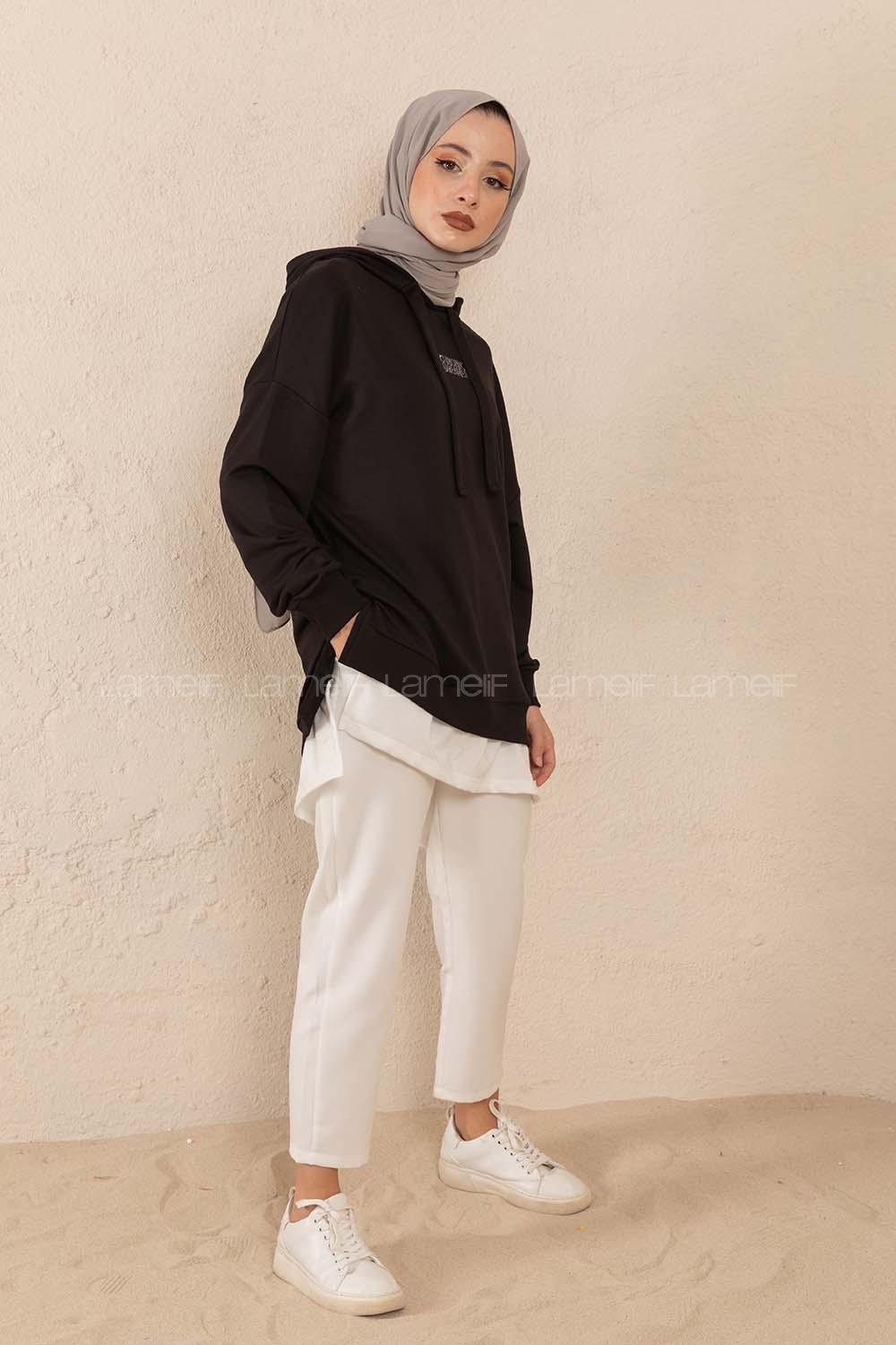 Modalamelif Eteği Garnili Dreamer Sweatshirt Siyah