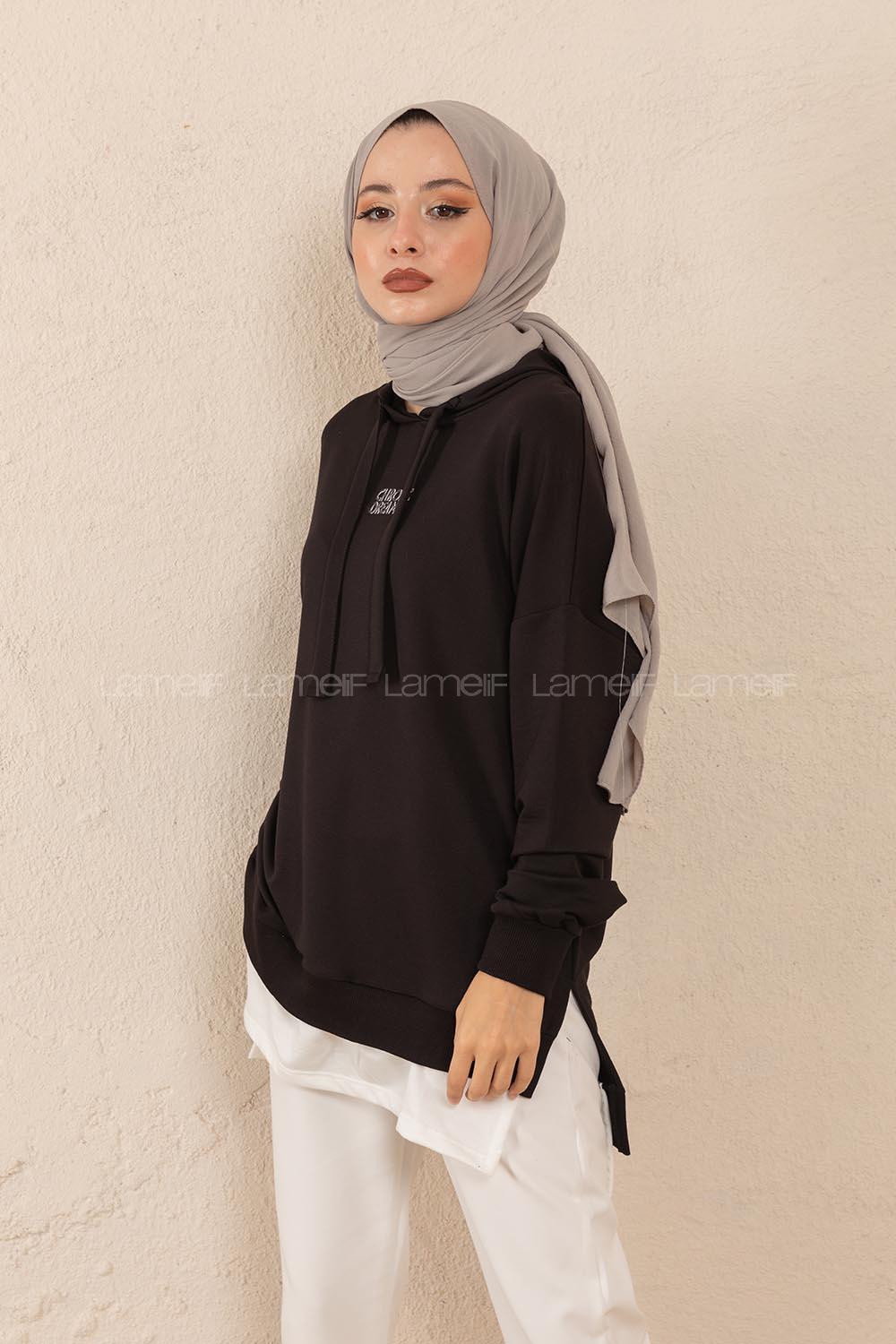 Modalamelif Eteği Garnili Dreamer Sweatshirt Siyah
