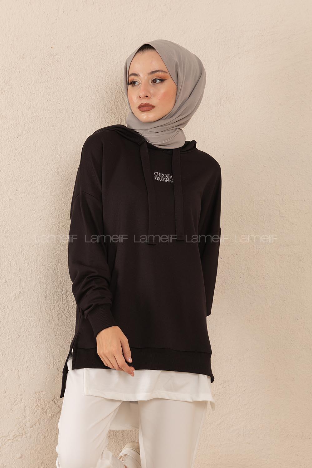 Modalamelif Eteği Garnili Dreamer Sweatshirt Siyah