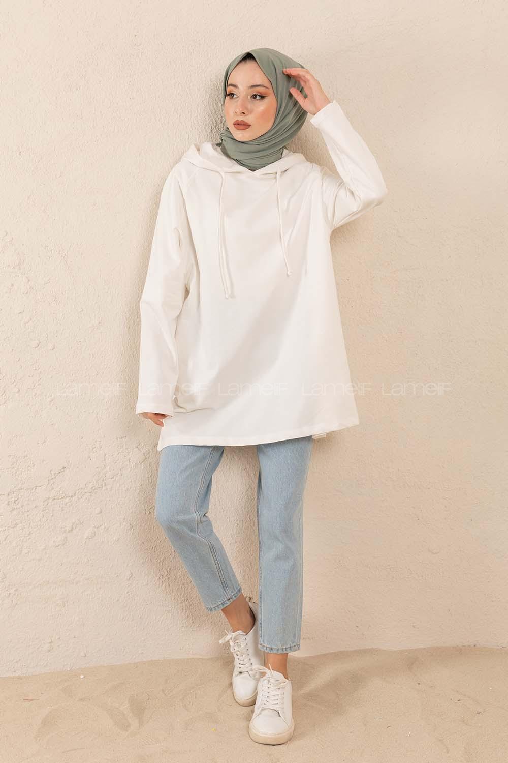 Modalamelif  Gizli Cepli Kapşonlu Sweatshirt Ekru