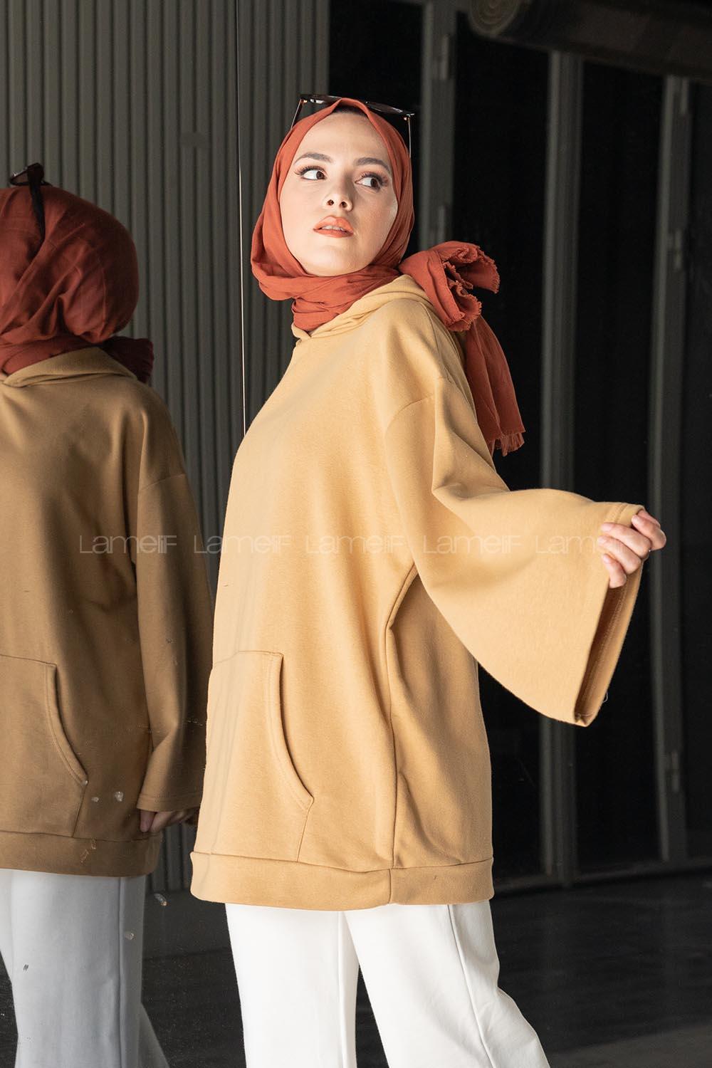 Modalamelif Kapşonlu Kanguru Cep Sweatshirt Bej