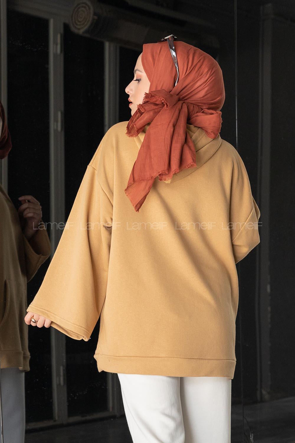 Modalamelif Kapşonlu Kanguru Cep Sweatshirt Bej