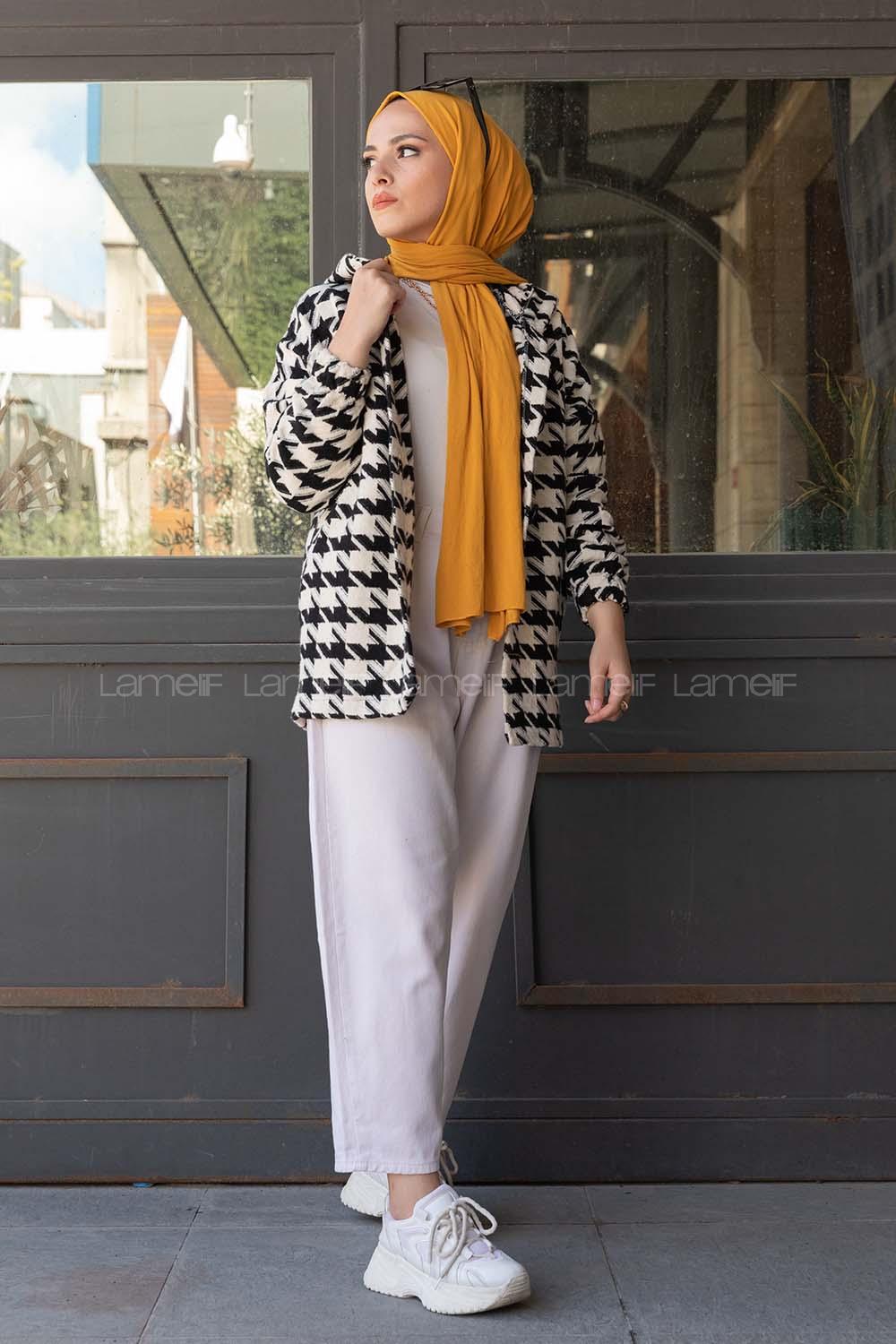 Modalamelif Ön Düğmeli Kazayağı Desen Ceket Ekru