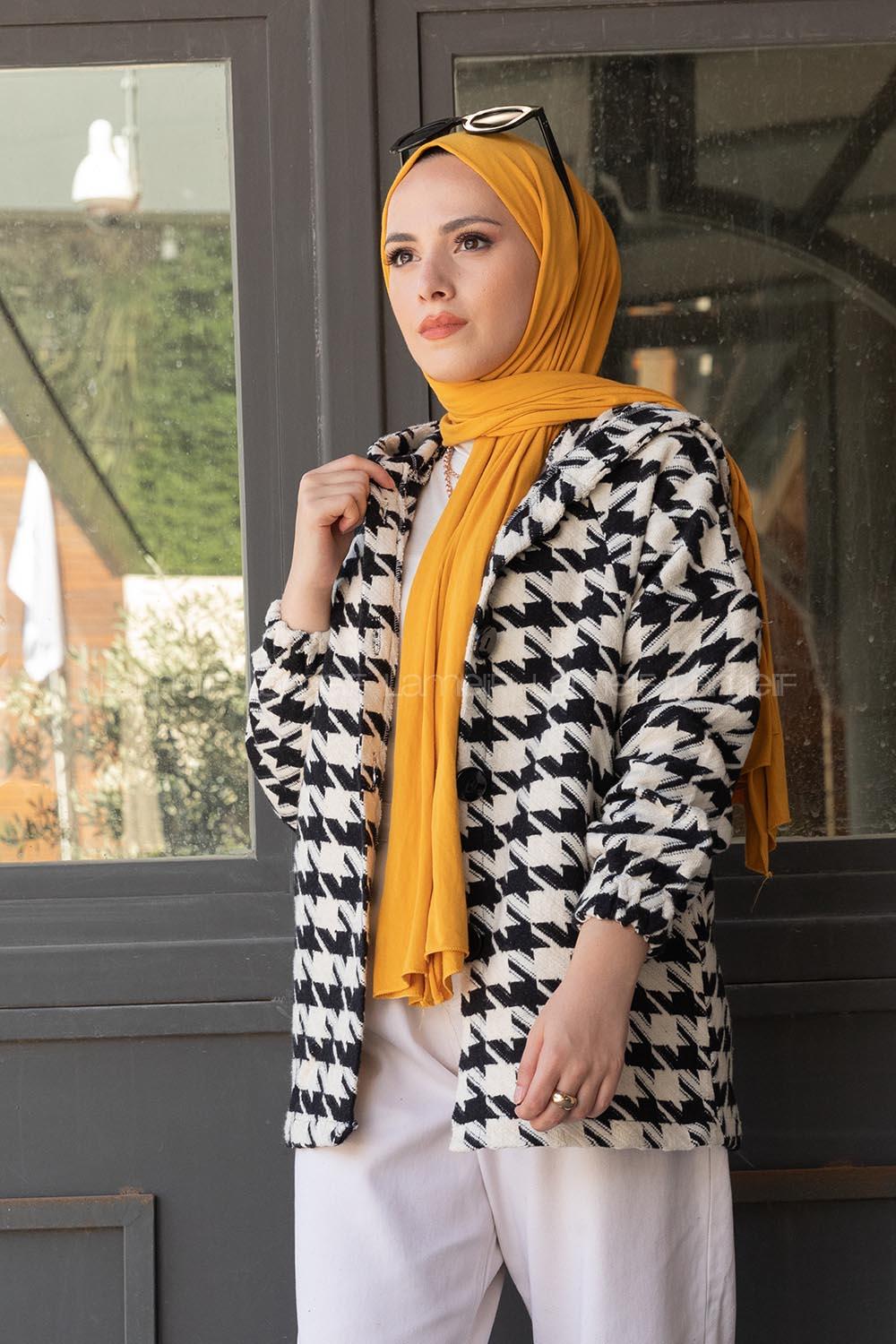 Modalamelif Ön Düğmeli Kazayağı Desen Ceket Ekru