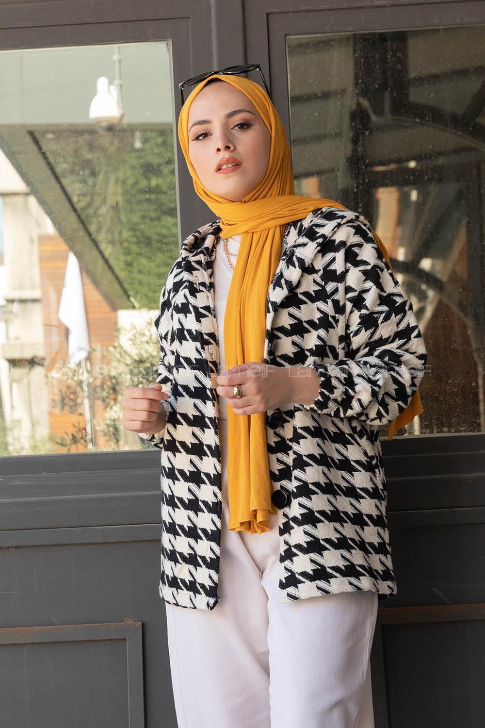 Modalamelif Ön Düğmeli Kazayağı Desen Ceket Ekru