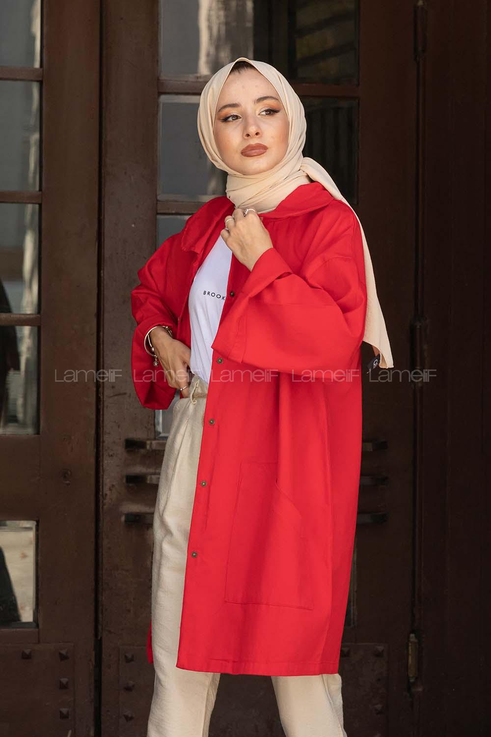 Modalamelif Önü Çıtçıt Düğmeli Ceket Kırmızı