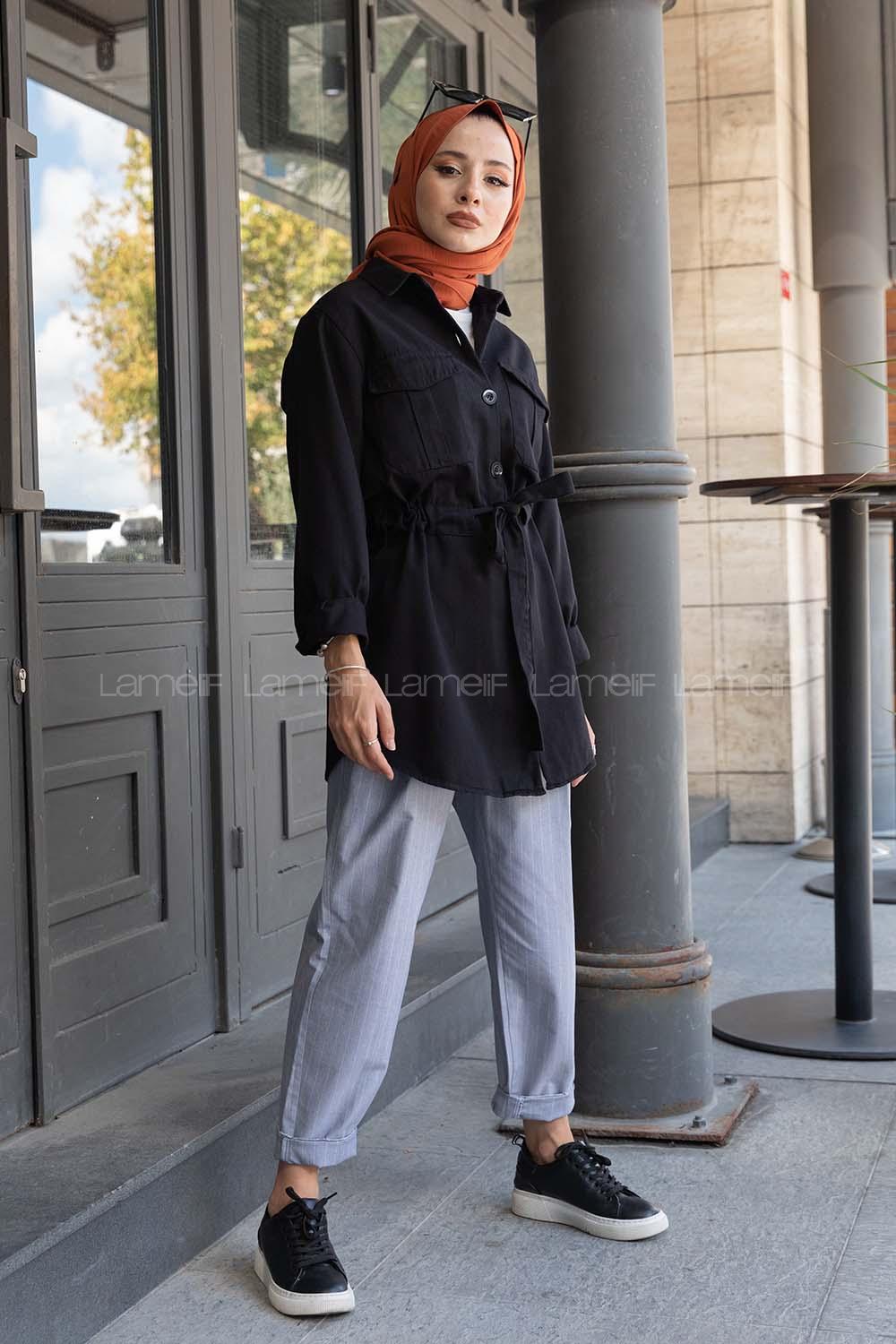 Modalamelif Önü Düğmeli Bel Bağlamalı Ceket Siyah