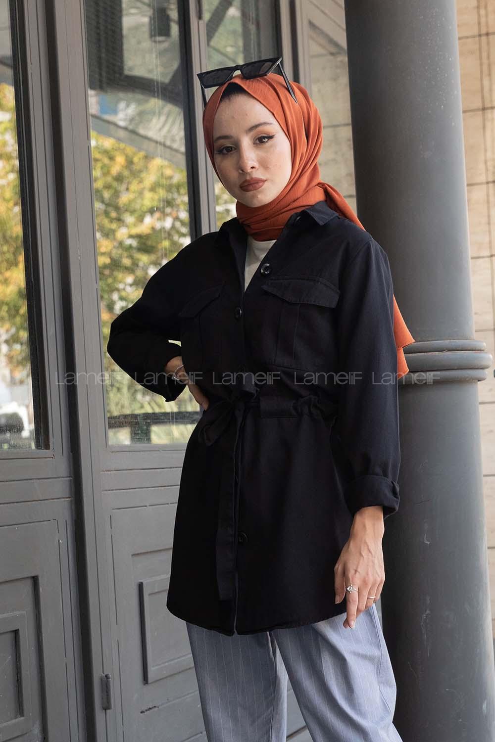 Modalamelif Önü Düğmeli Bel Bağlamalı Ceket Siyah