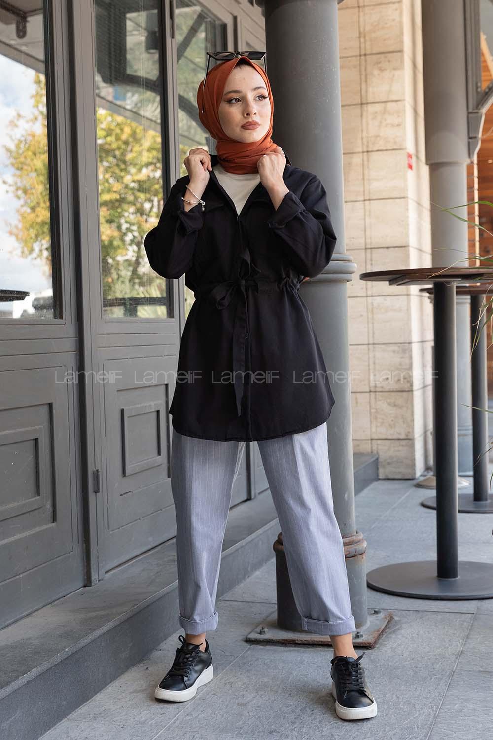 Modalamelif Önü Düğmeli Bel Bağlamalı Ceket Siyah