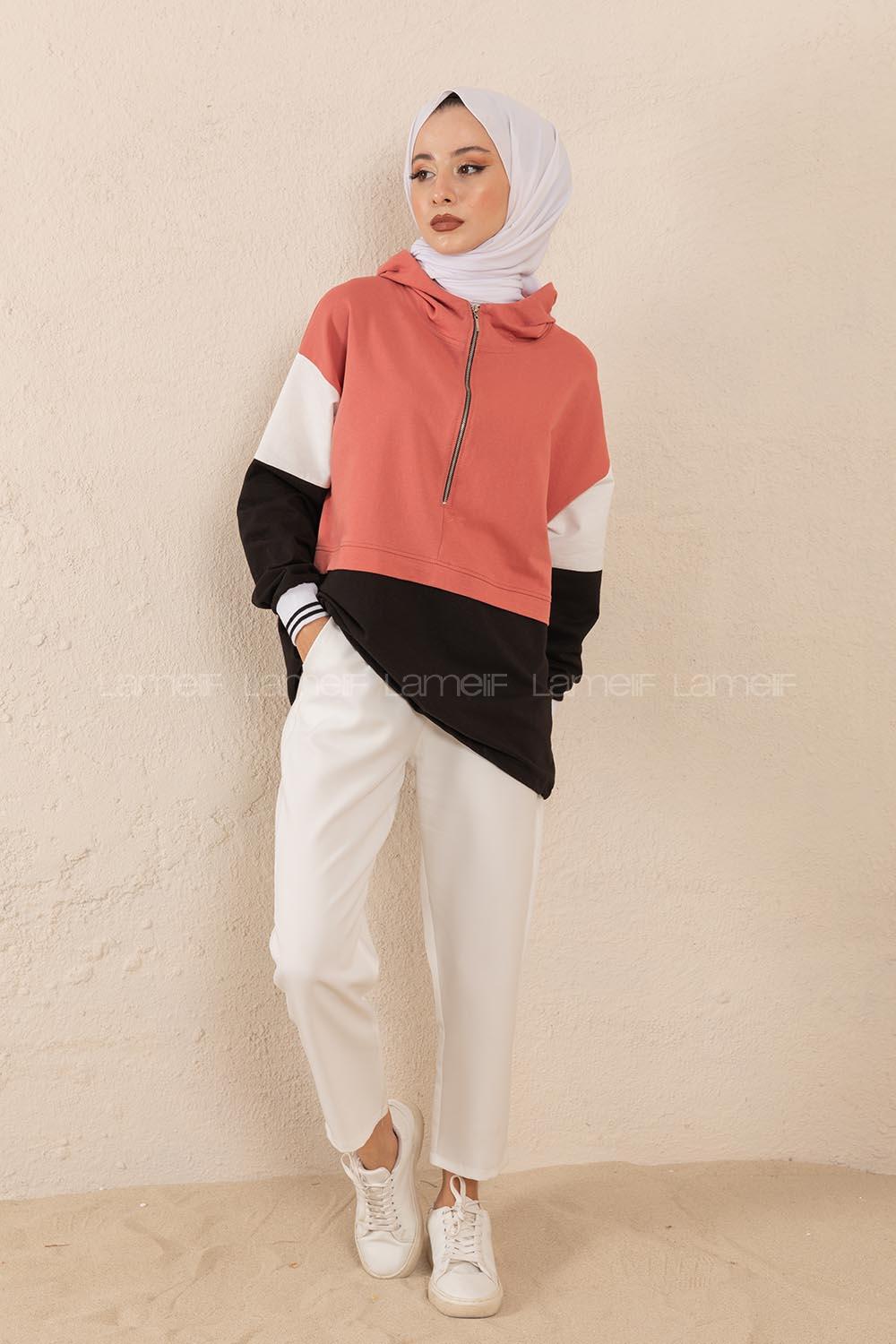 Modalamelif Önü Yarım Fermuarlı Garnili Sweatshirt Pudra