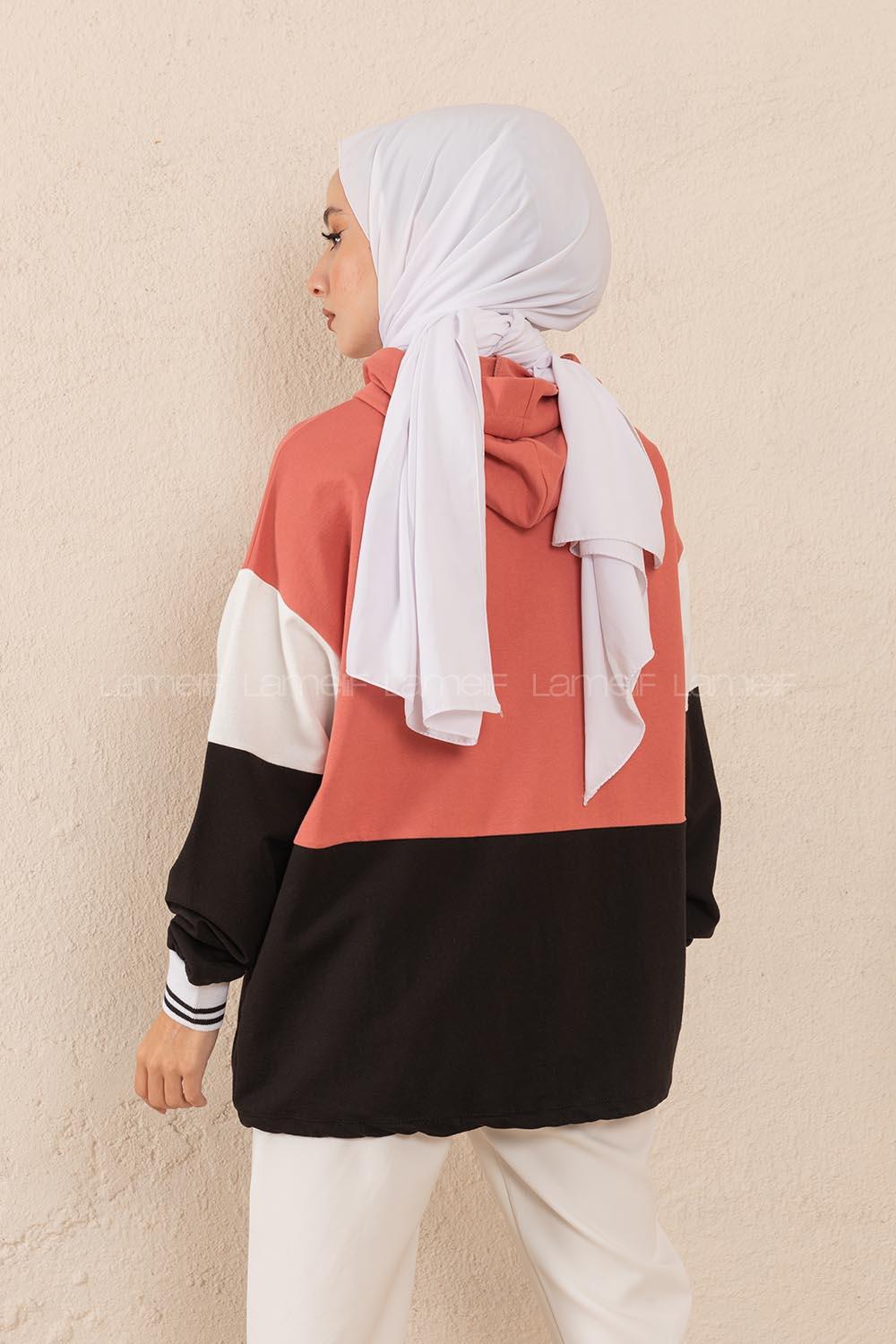 Modalamelif Önü Yarım Fermuarlı Garnili Sweatshirt Pudra