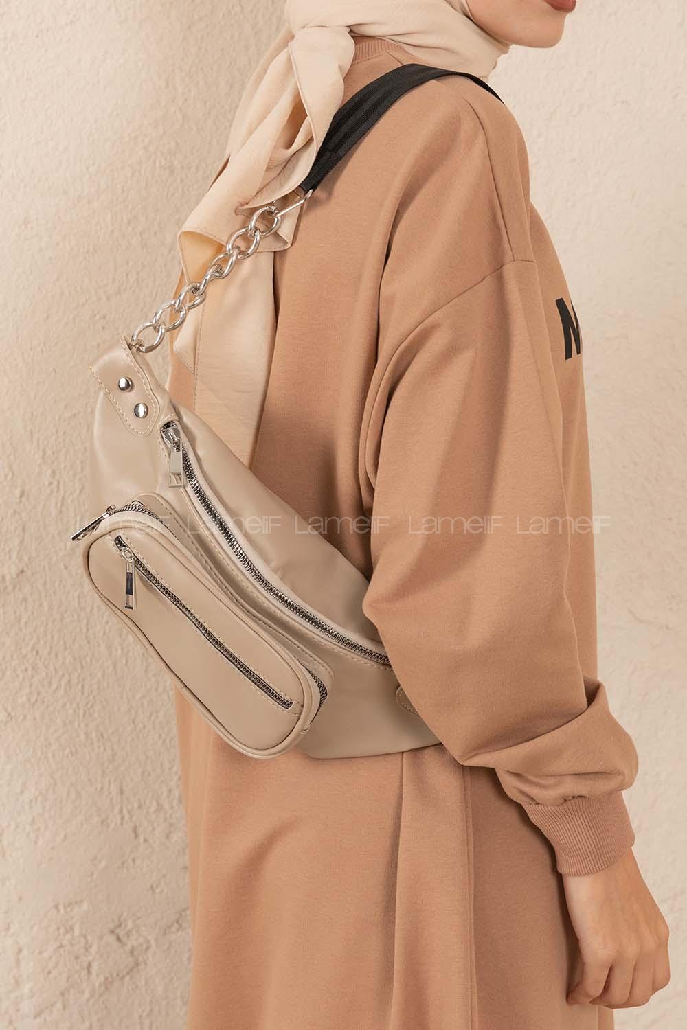 Lamelif Zincir Detaylı Üç Gözlü Bel Çantası Vizonrengi