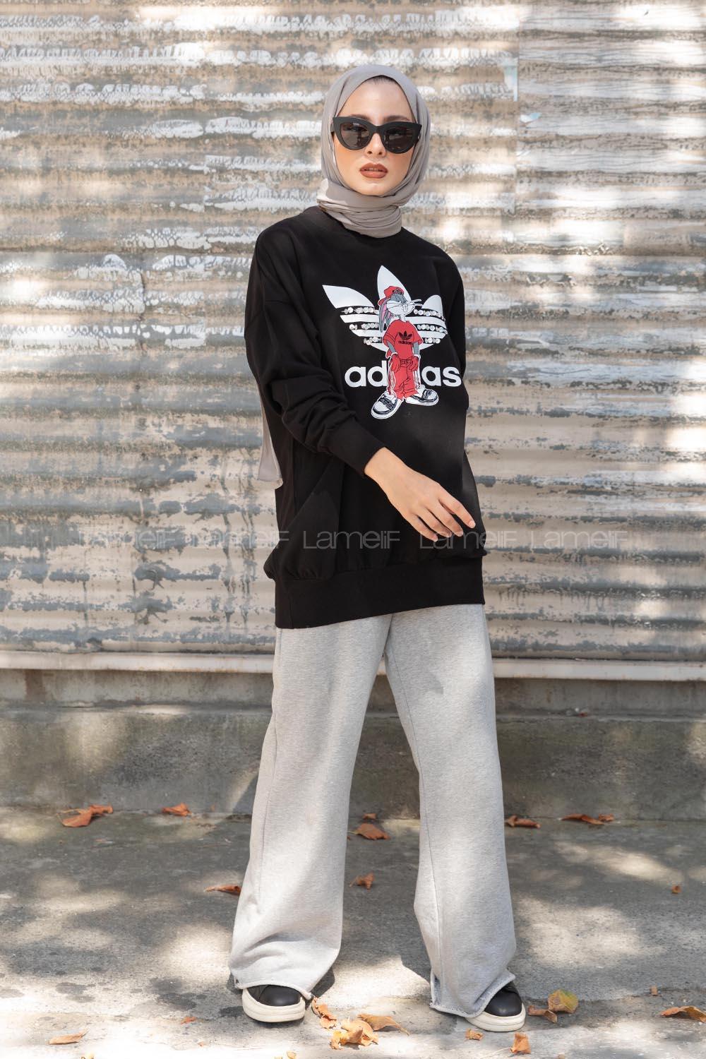 Modalamelif Bisiklet Yaka Ön Taş Baskılı Siyah