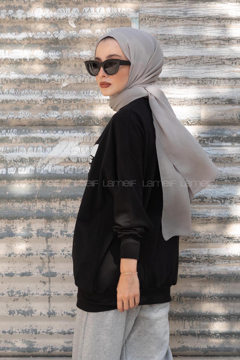 Modalamelif Bisiklet Yaka Ön Taş Baskılı Siyah