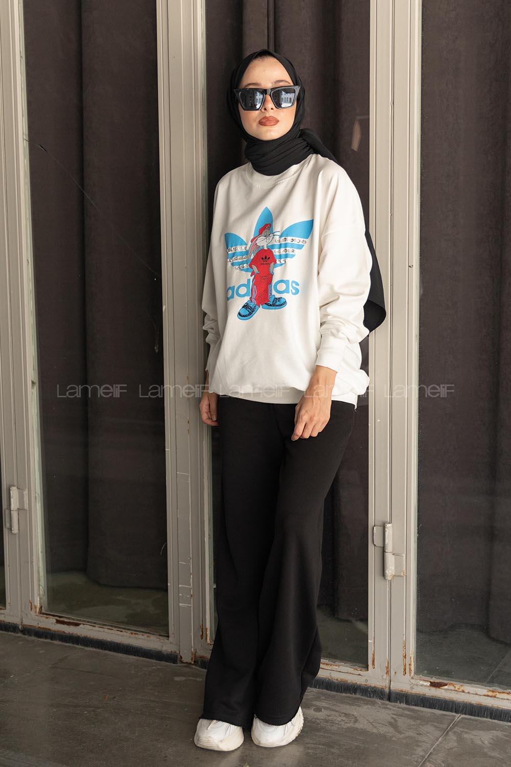 Modalamelif Bisiklet Yaka Ön Taş Baskılı Sweatshirt