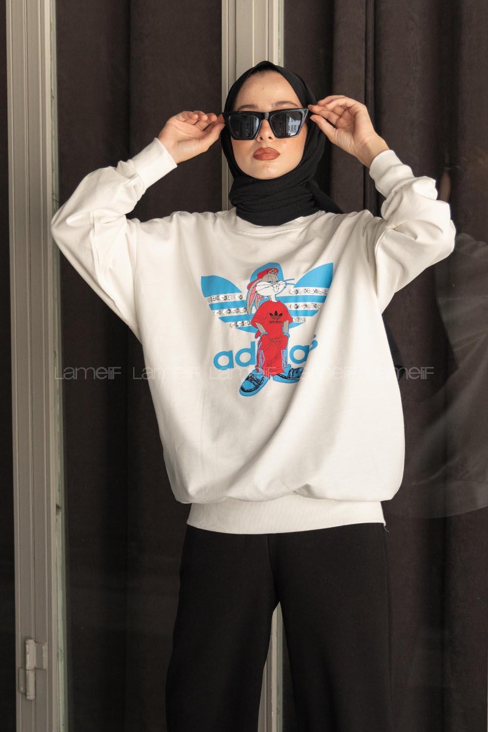 Modalamelif Bisiklet Yaka Ön Taş Baskılı Sweatshirt