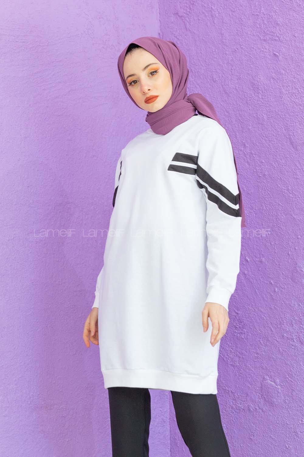 Modalamelif Bisiklet Yaka Şeritli Tunik Beyaz