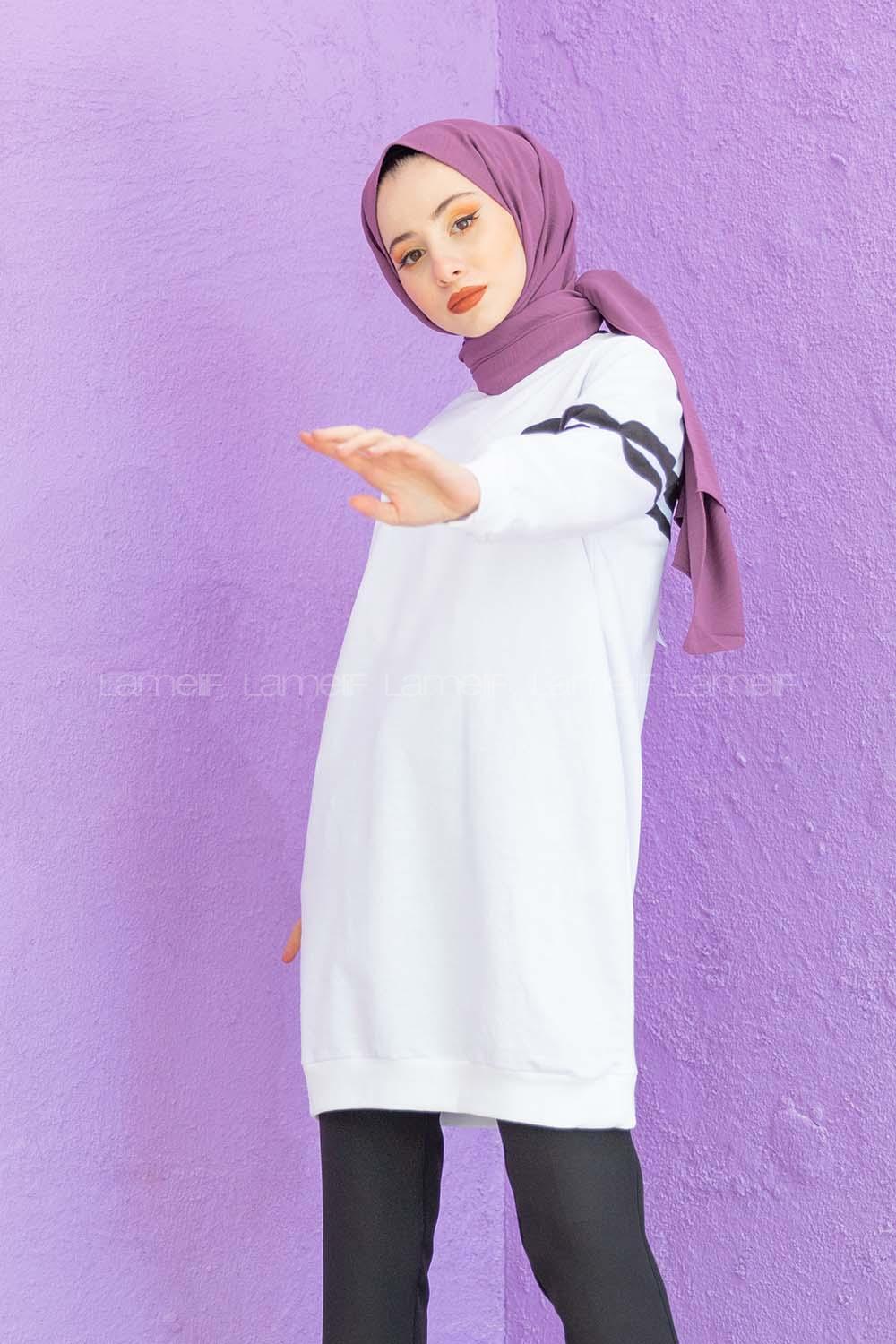 Modalamelif Bisiklet Yaka Şeritli Tunik Beyaz