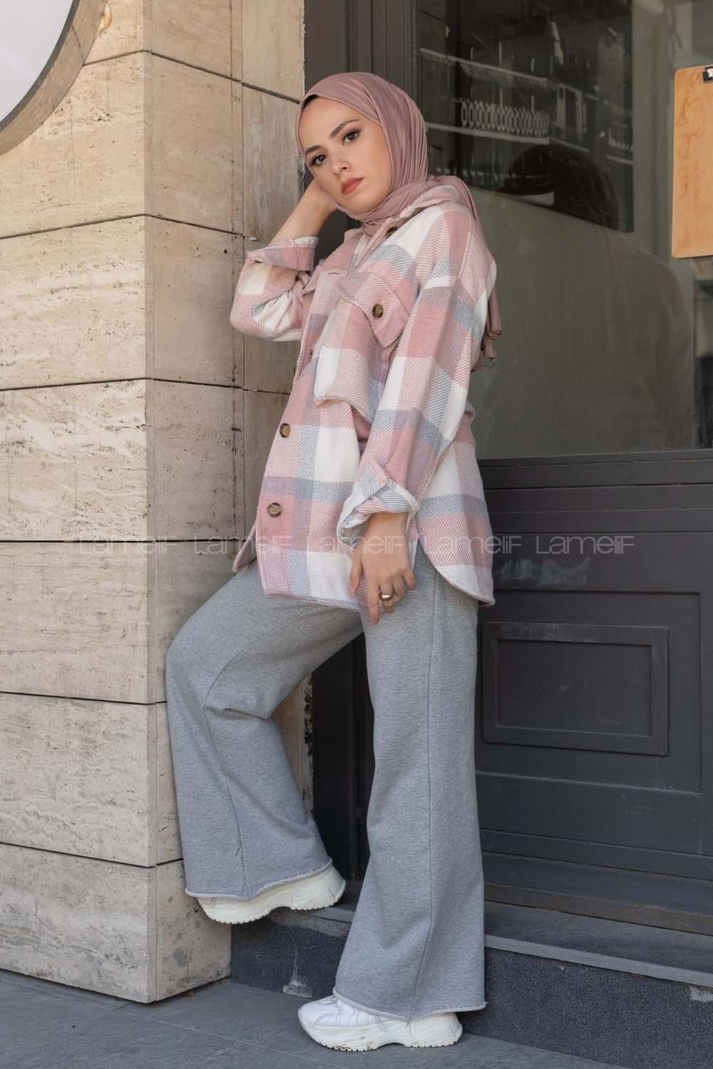 Modalamelif Büyük Cepli Ekose Desen Gömlek Pudra