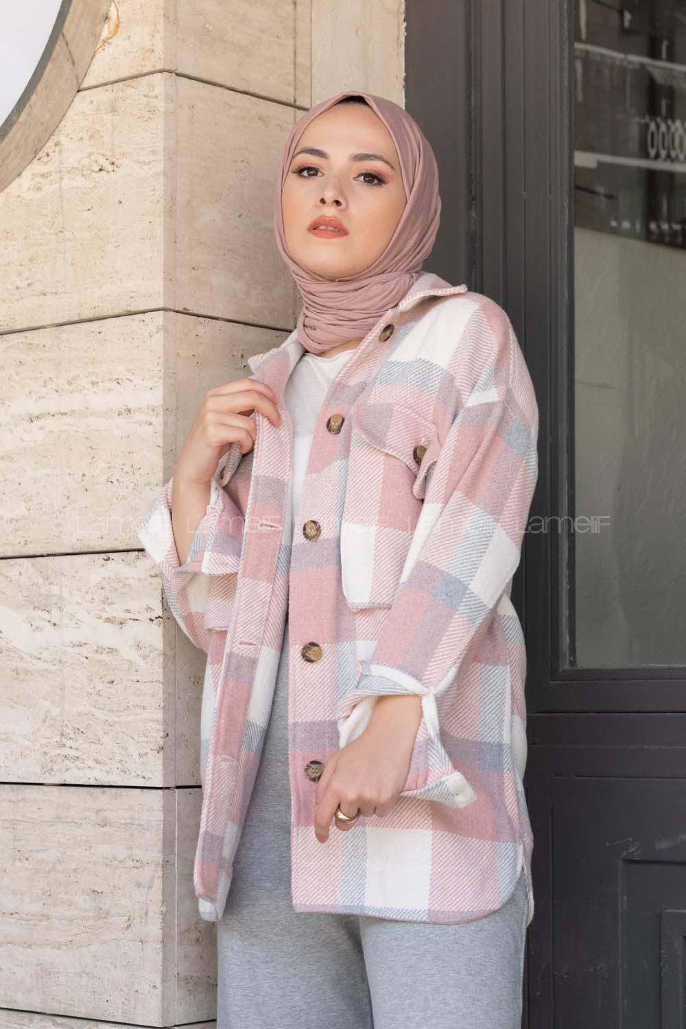Modalamelif Büyük Cepli Ekose Desen Gömlek Pudra