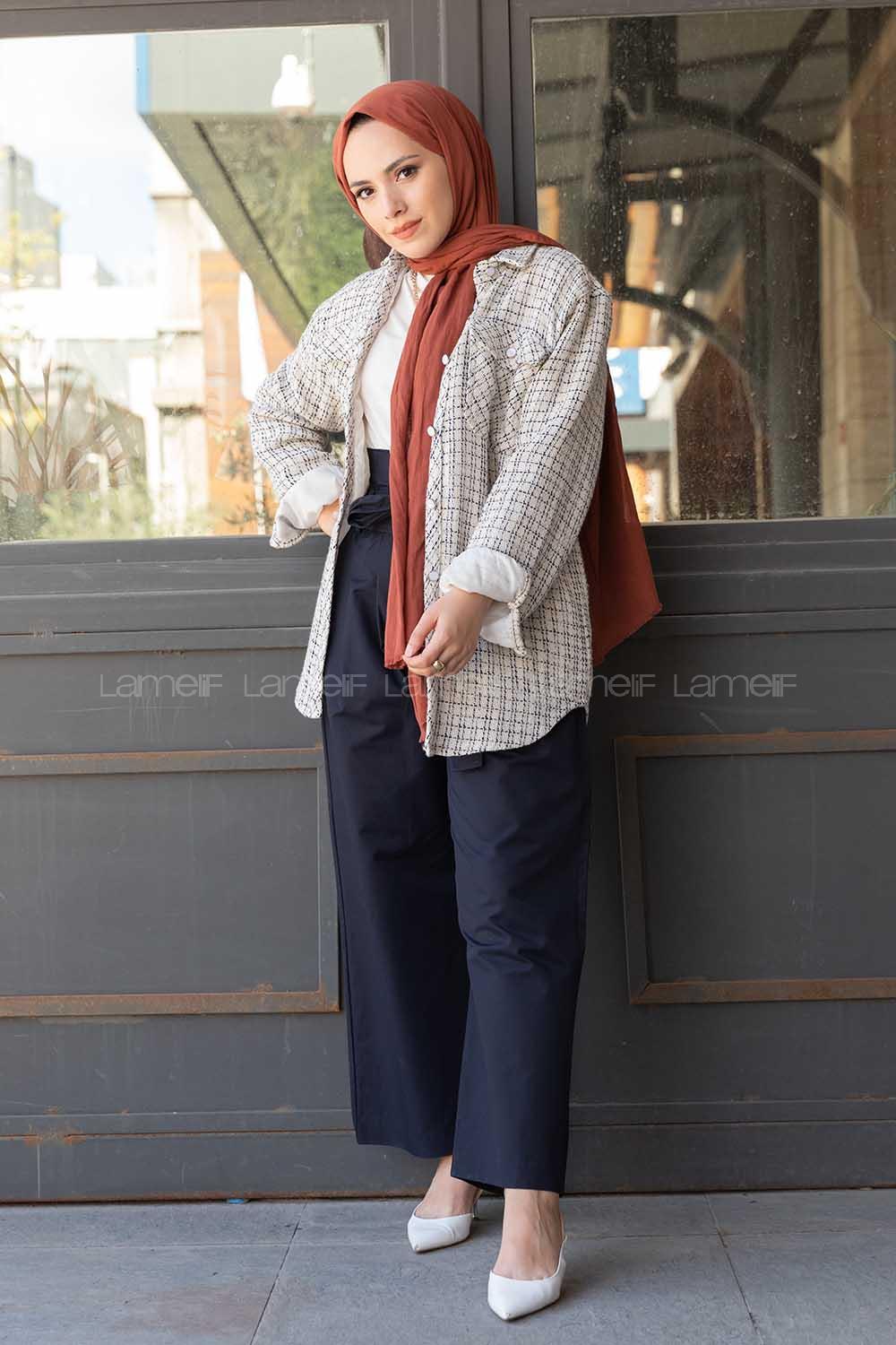 Modalamelif Ekose Desen Ovallı Gömlek Ekru