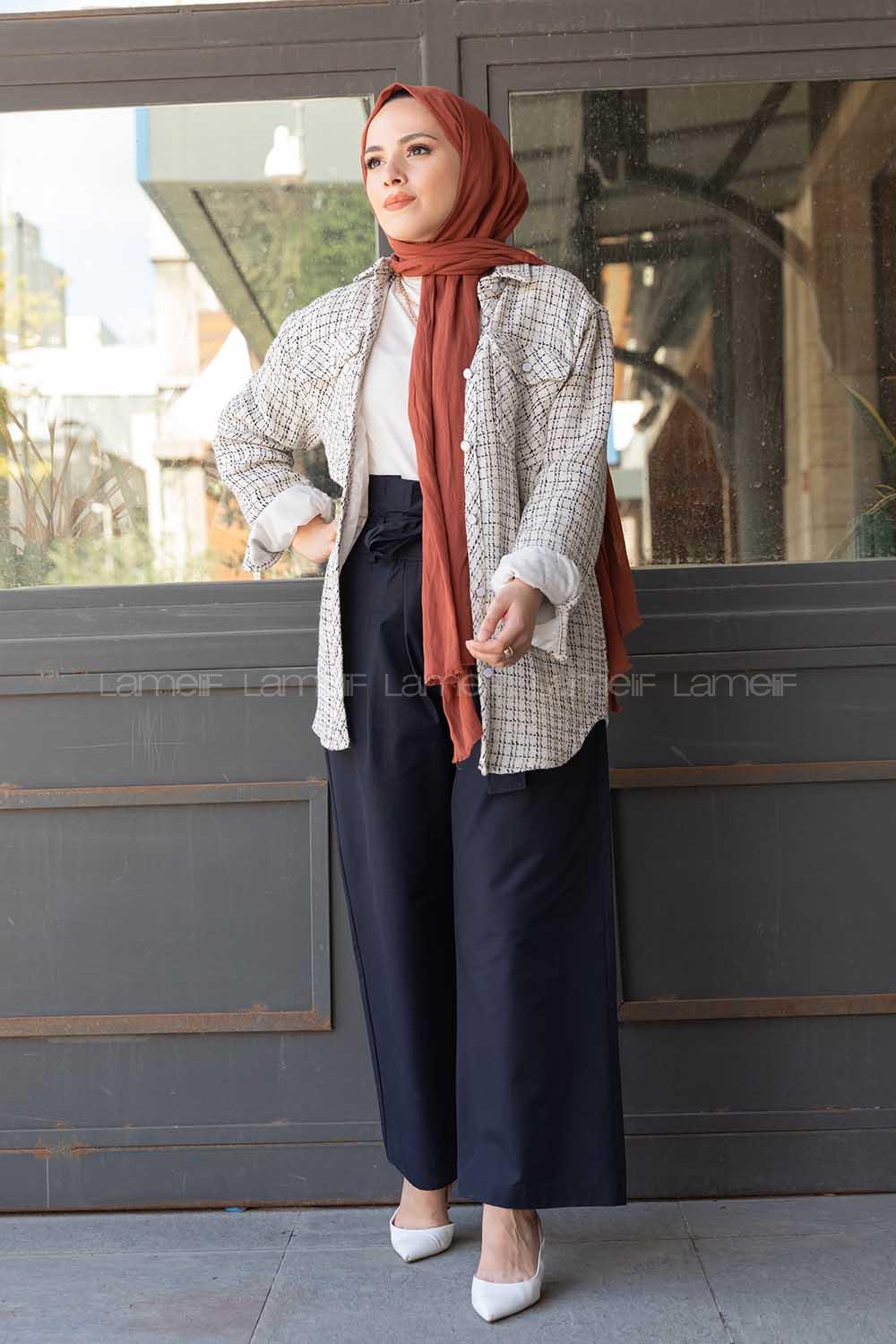 Modalamelif Ekose Desen Ovallı Gömlek Ekru