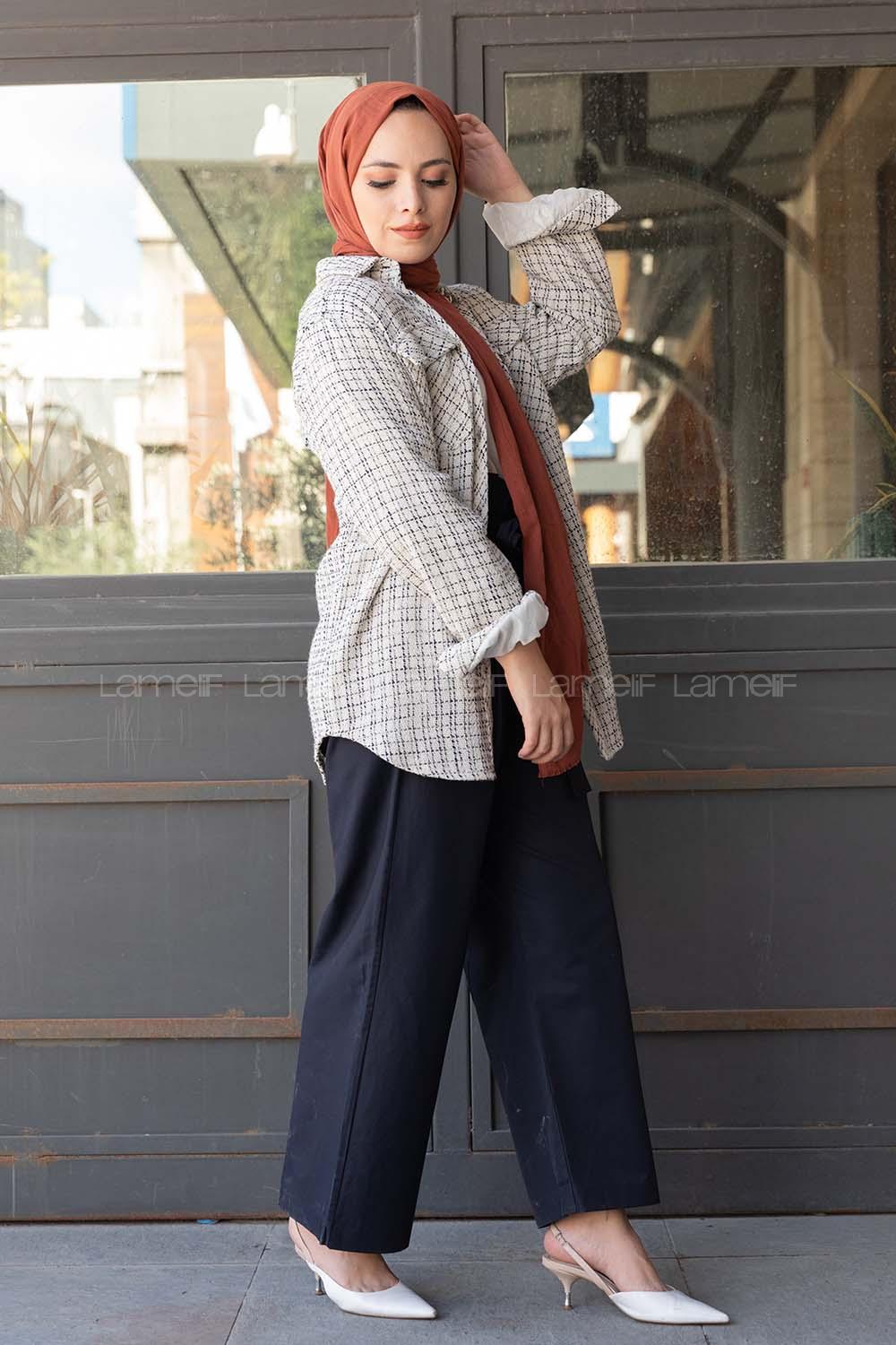 Modalamelif Ekose Desen Ovallı Gömlek Ekru