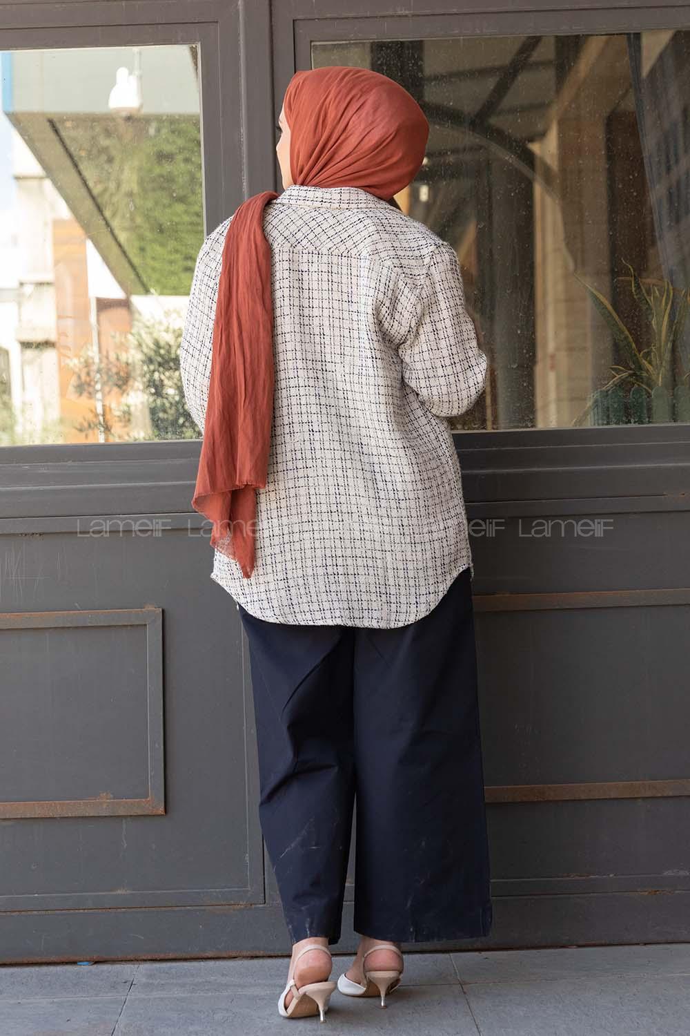 Modalamelif Ekose Desen Ovallı Gömlek Ekru