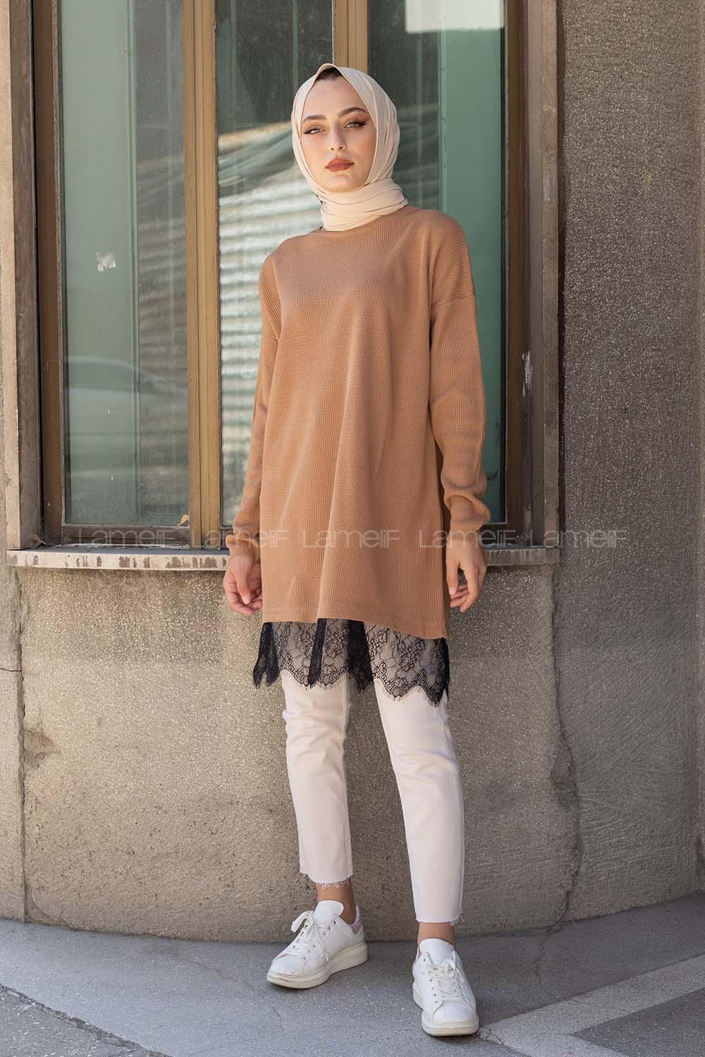 Modalamelif Eteği Dantel Tunik Karamel