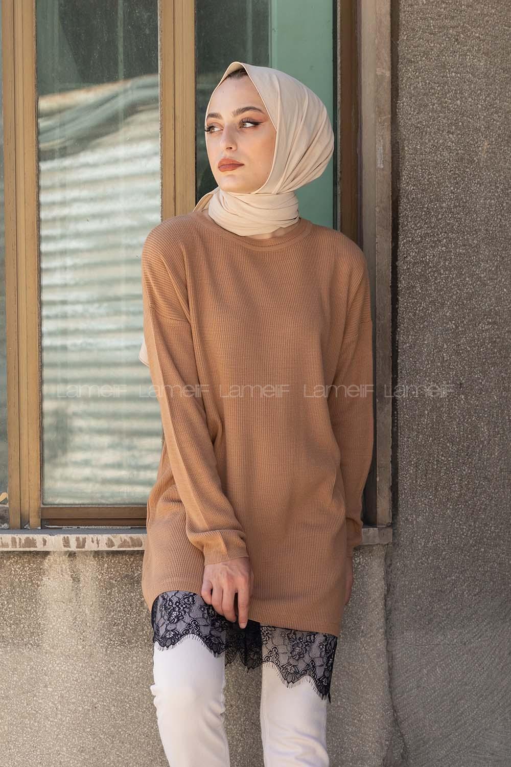 Modalamelif Eteği Dantel Tunik Karamel