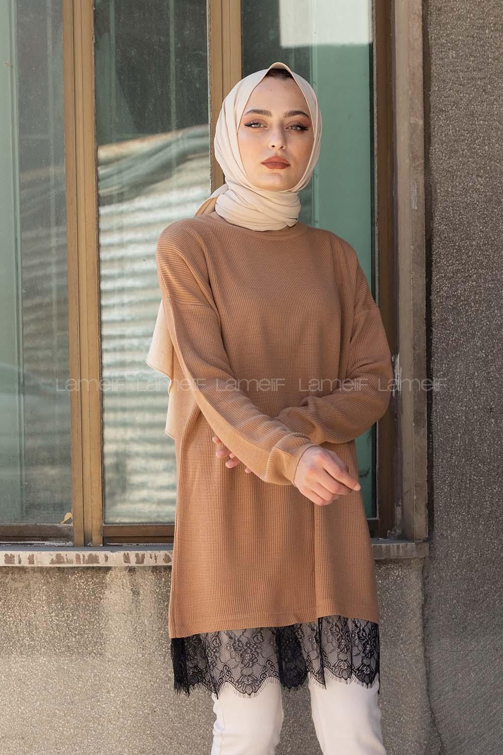 Modalamelif Eteği Dantel Tunik Karamel