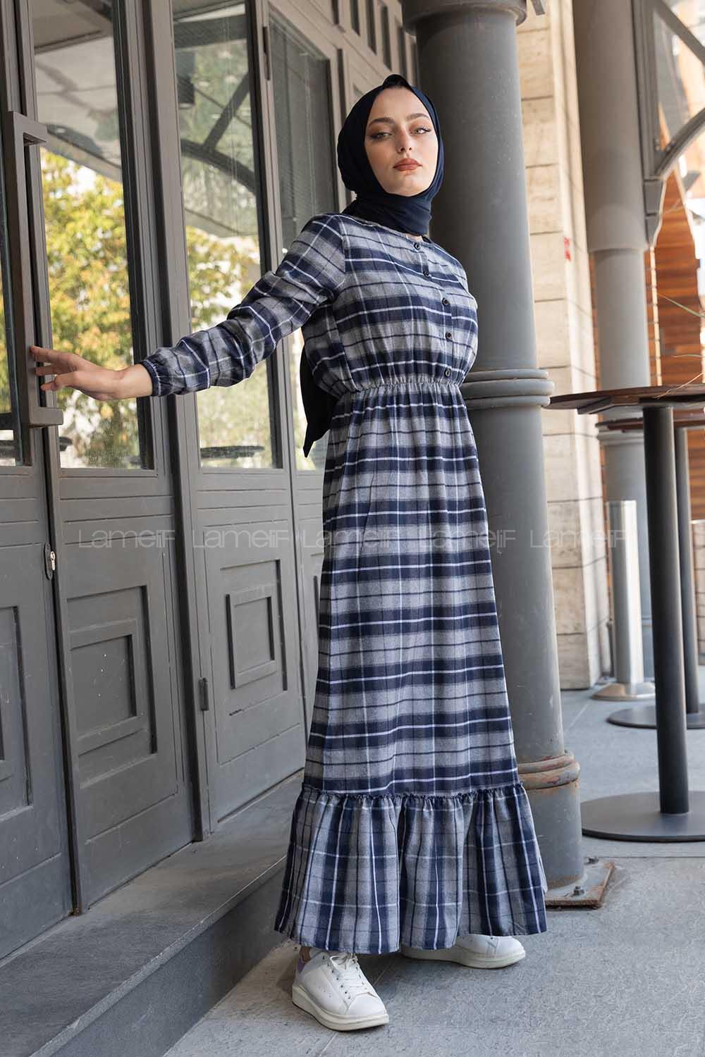 Modalamelif Eteği Fırfırlı Ekose Desen Elbise Gri