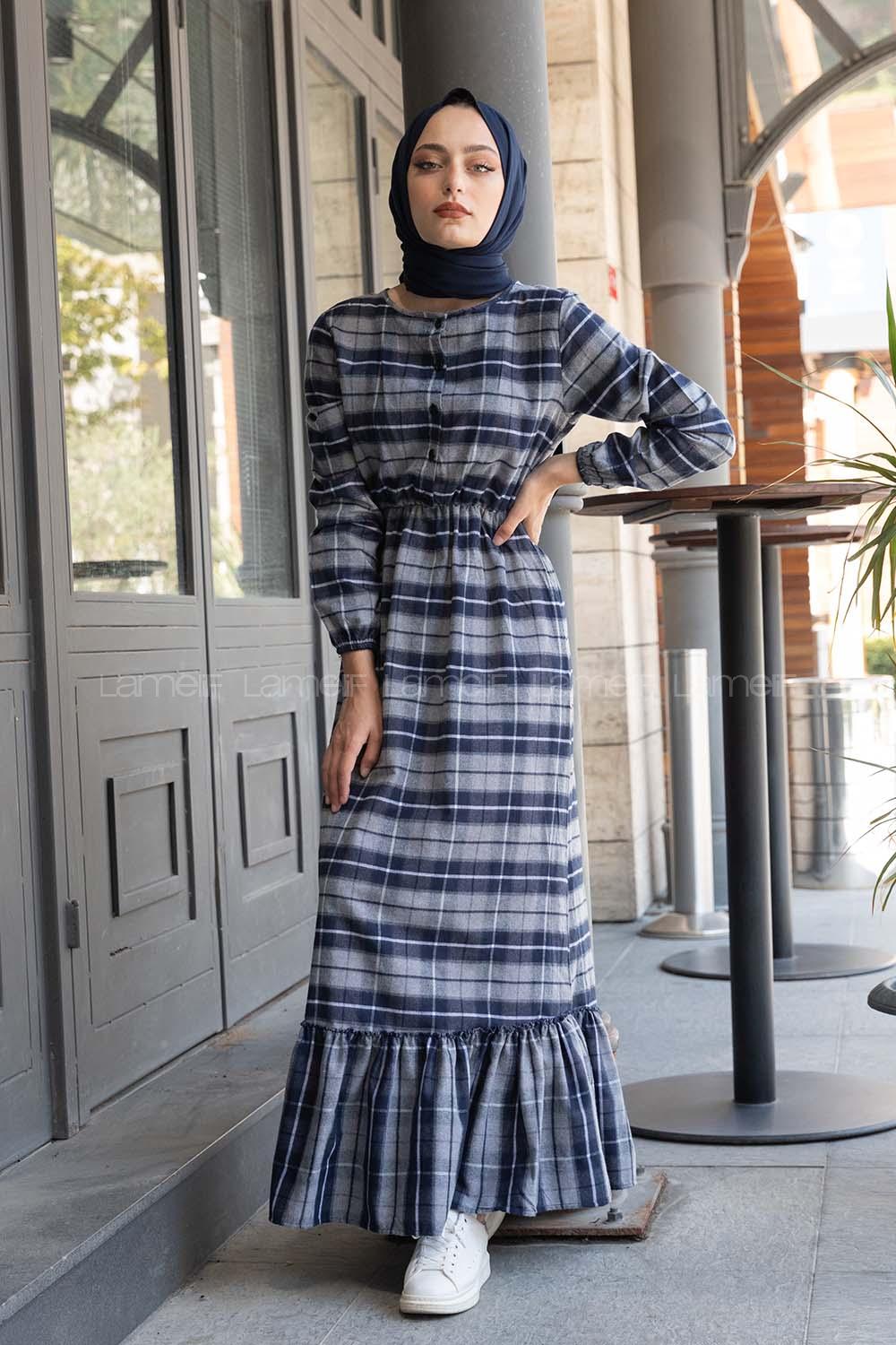 Modalamelif Eteği Fırfırlı Ekose Desen Elbise Gri