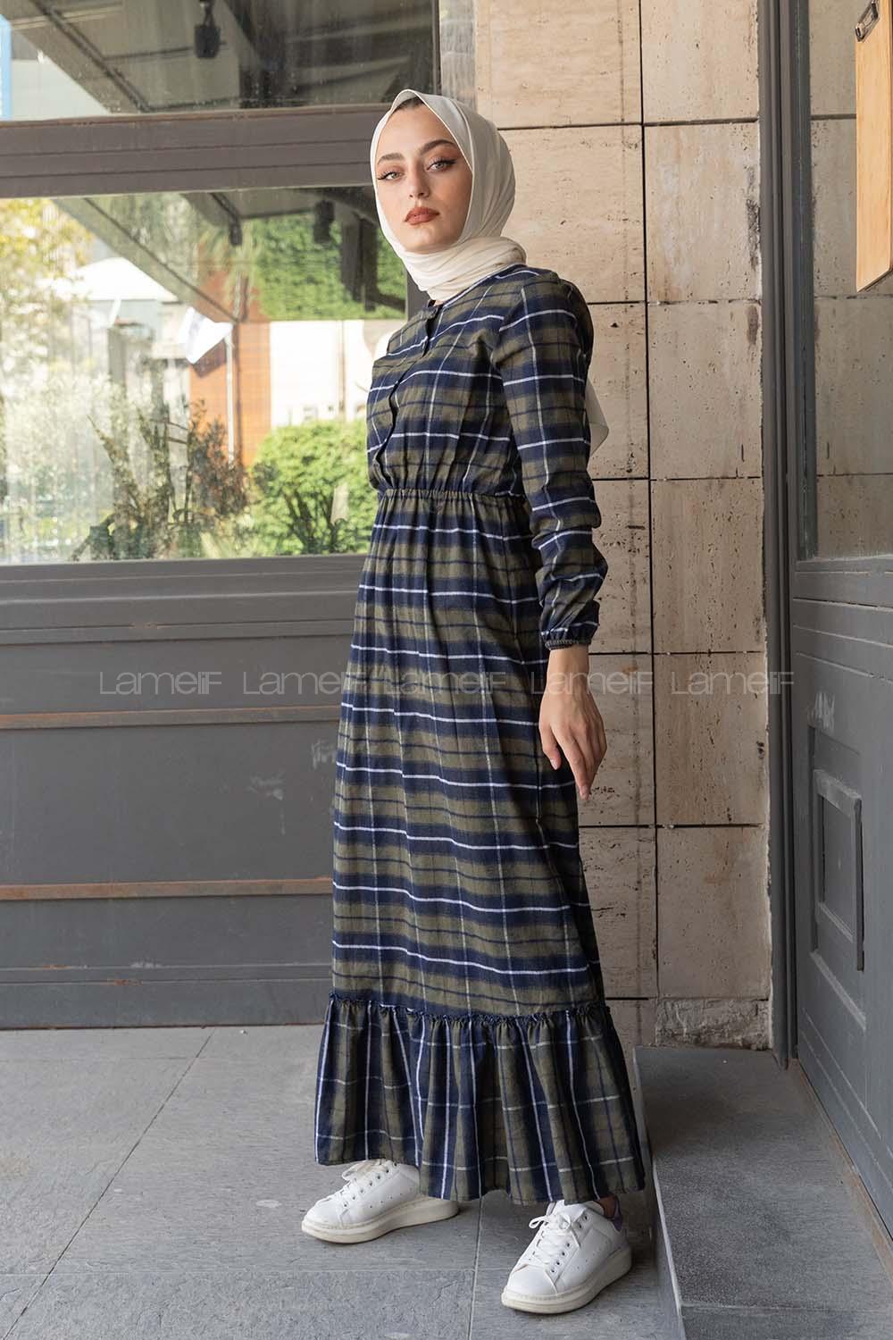 Modalamelif Eteği Fırfırlı Ekose Desen Elbise Haki