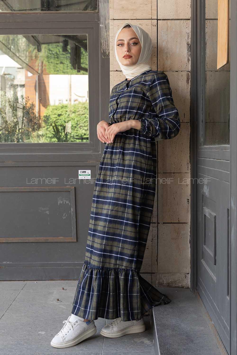 Modalamelif Eteği Fırfırlı Ekose Desen Elbise Haki