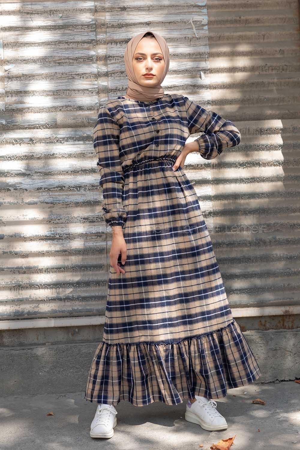 Modalamelif Eteği Fırfırlı Ekose Elbise Bej