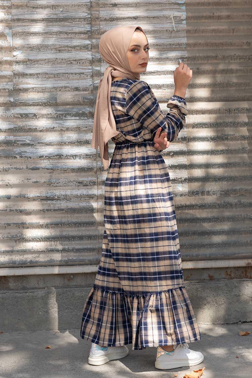 Modalamelif Eteği Fırfırlı Ekose Elbise Bej