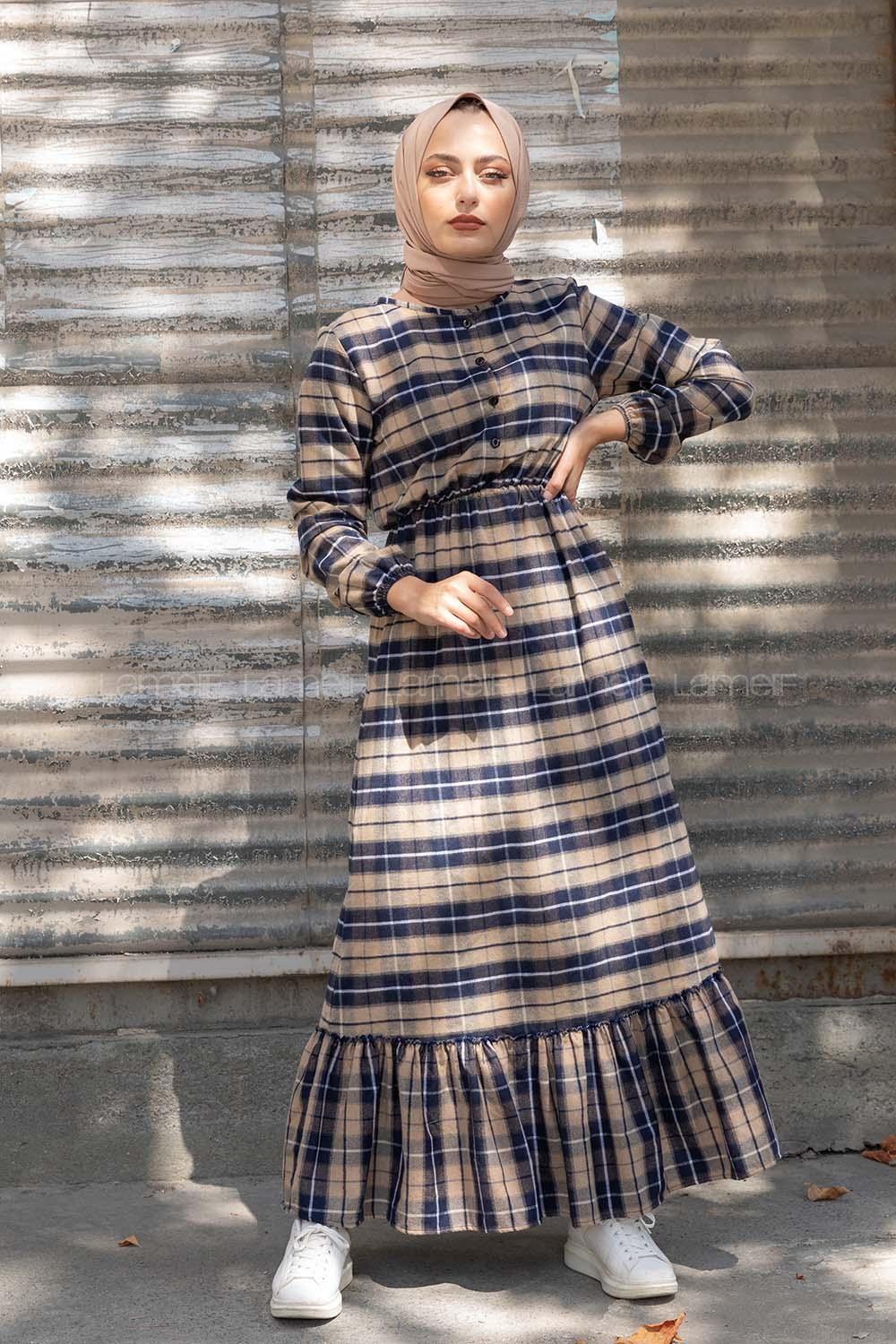 Modalamelif Eteği Fırfırlı Ekose Elbise Bej