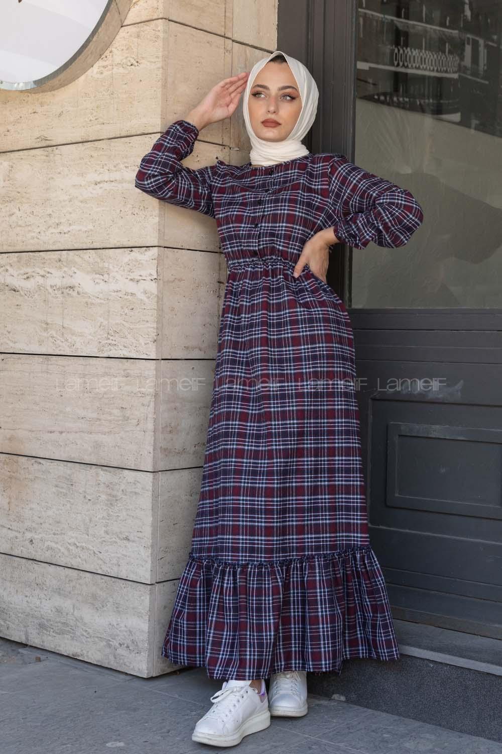 Modalamelif Eteği Fırfırlı Pötikare Elbise Bordo