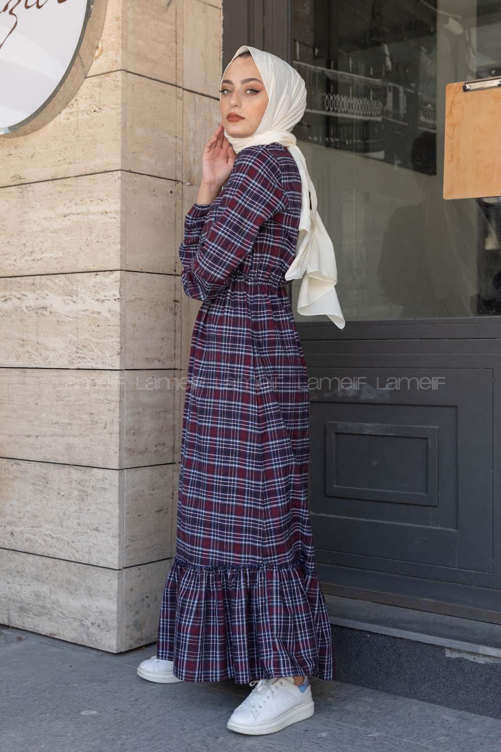 Modalamelif Eteği Fırfırlı Pötikare Elbise Bordo