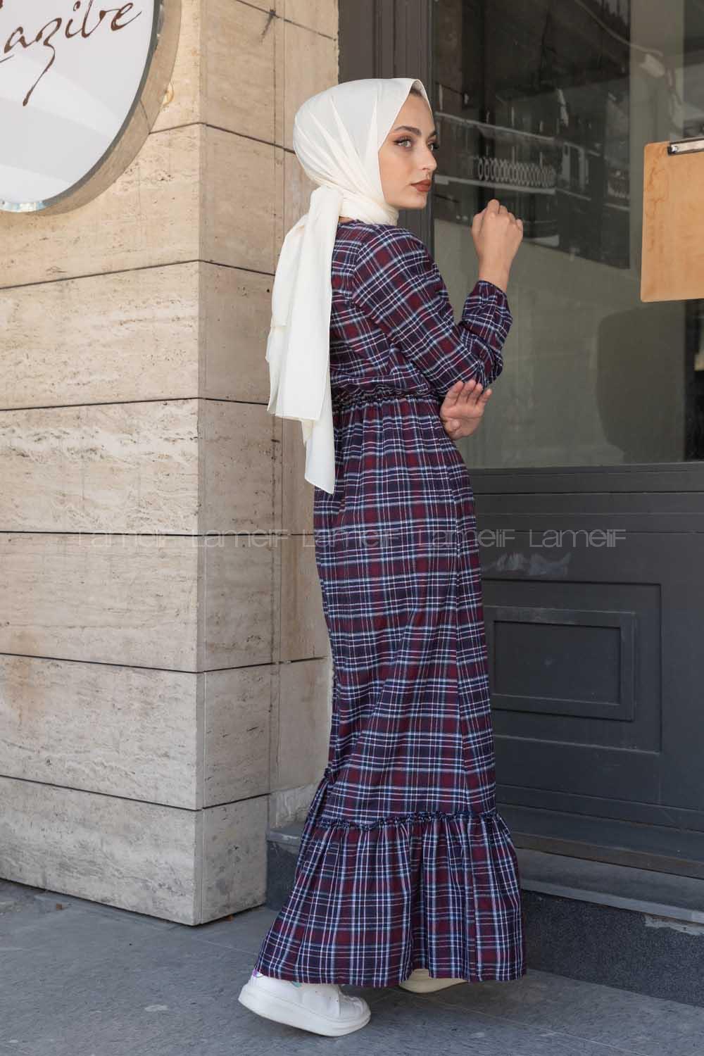 Modalamelif Eteği Fırfırlı Pötikare Elbise Bordo