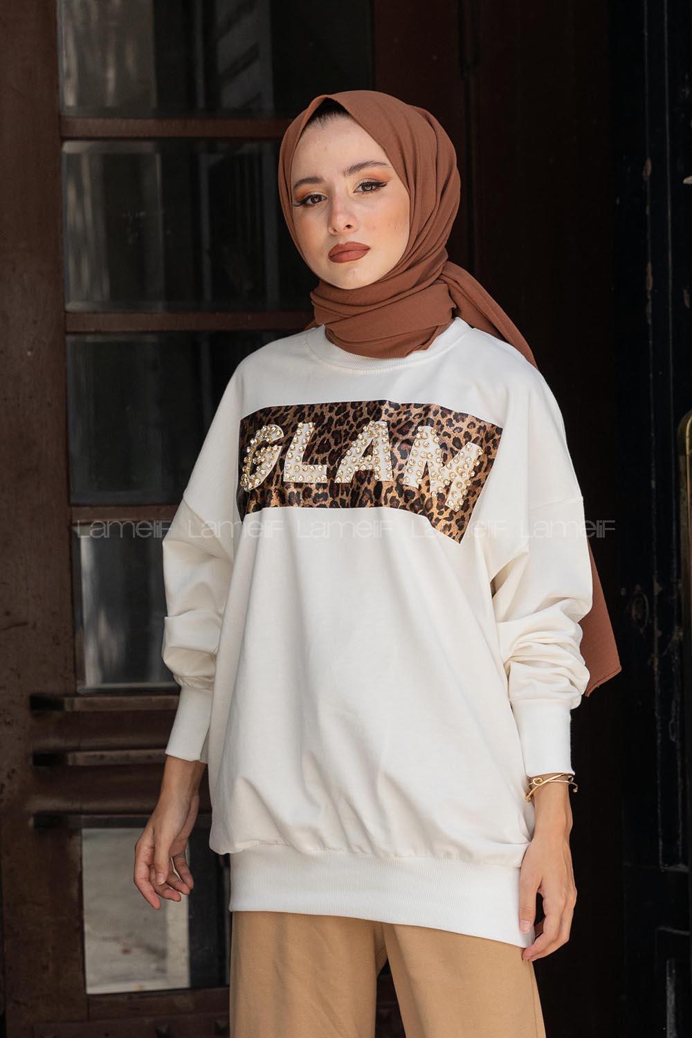 Modalamelif GlamTaşlı Baskı Sweatshirt Beyaz