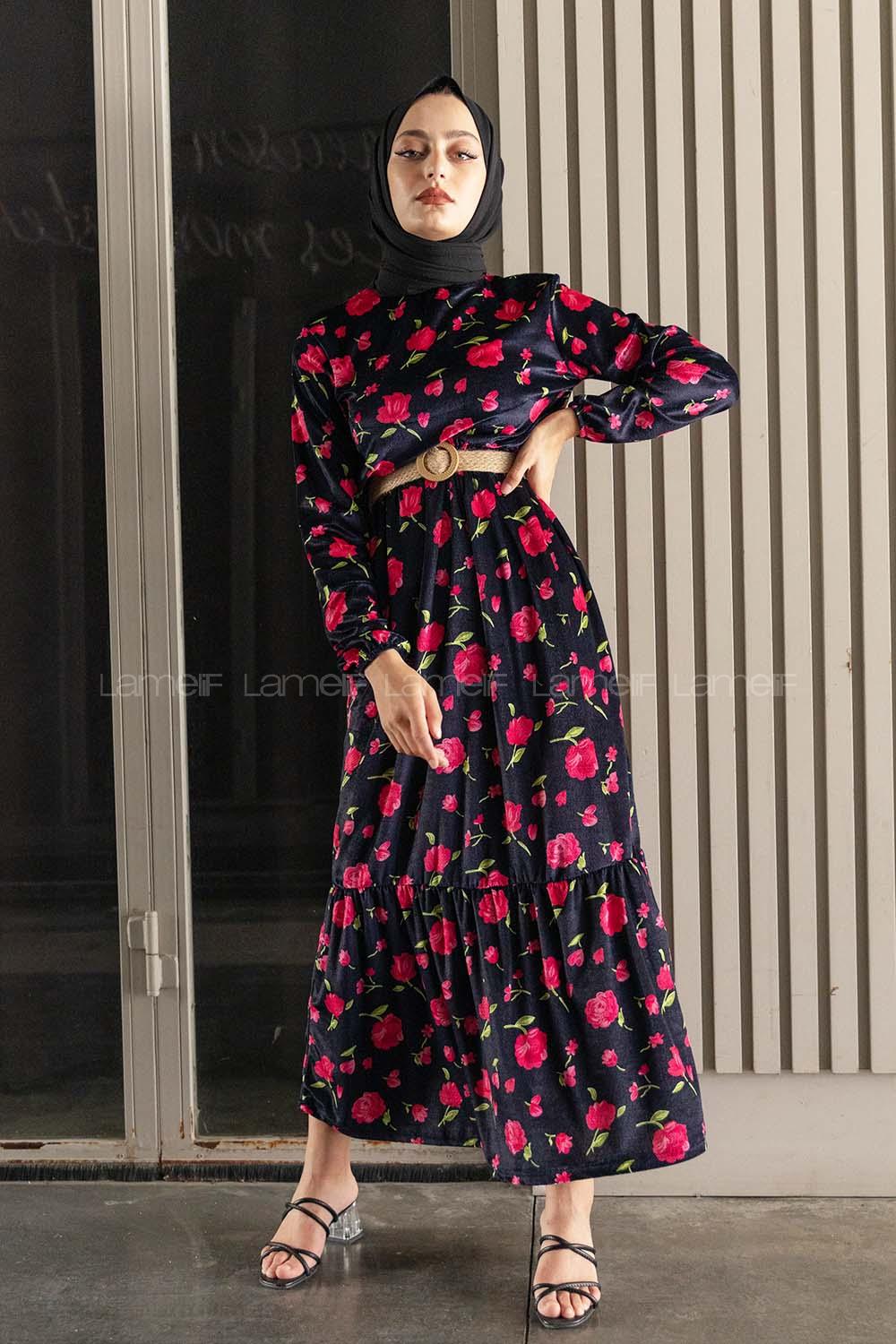 Modalamelif Kemerli Gül Desen Kadife Elbise Lacivert